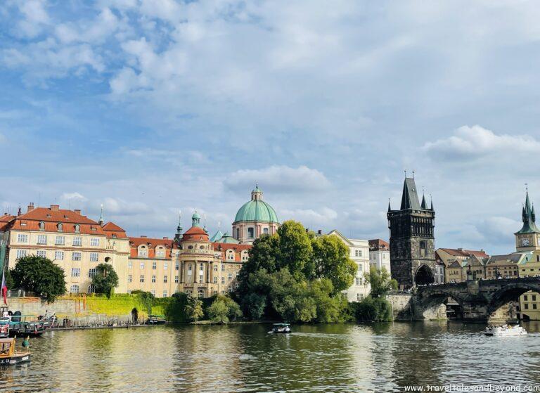 View of Charles Bridge from a boat on the Vltava River, Prague