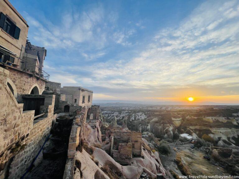 Sunset over the fairy chimneys and cave dwellings of Cappadocia, Turkey