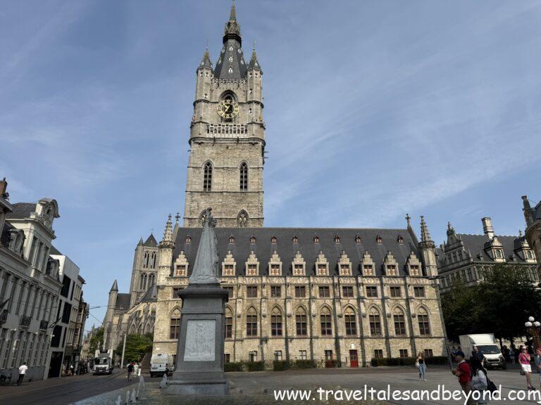 The 14th-century Belfry of Ghent rising above the city skyline, Belgium