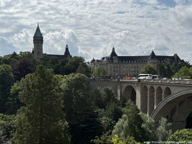 Aerial view of Luxembourg City skyline with historic fortifications and river valleys