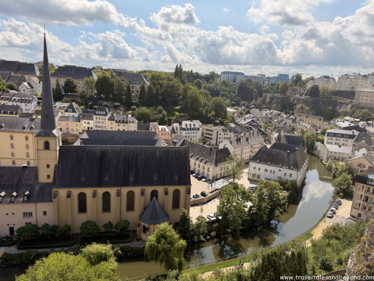 Panoramic view of the Alzette Valley from Chemin de la Corniche, showing the Grund district and ancient fortification walls below