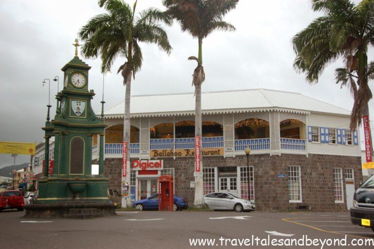 Berkeley Memorial Clock Tower and Ballahoo Restaurant at The Circus, Basseterre, St Kitts