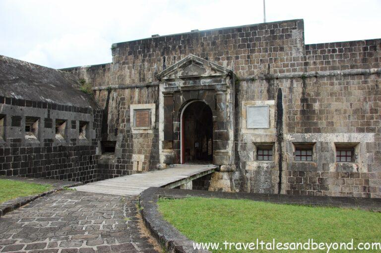Brimstone Hill Fortress UNESCO World Heritage Site rising above green hillside, St Kitts