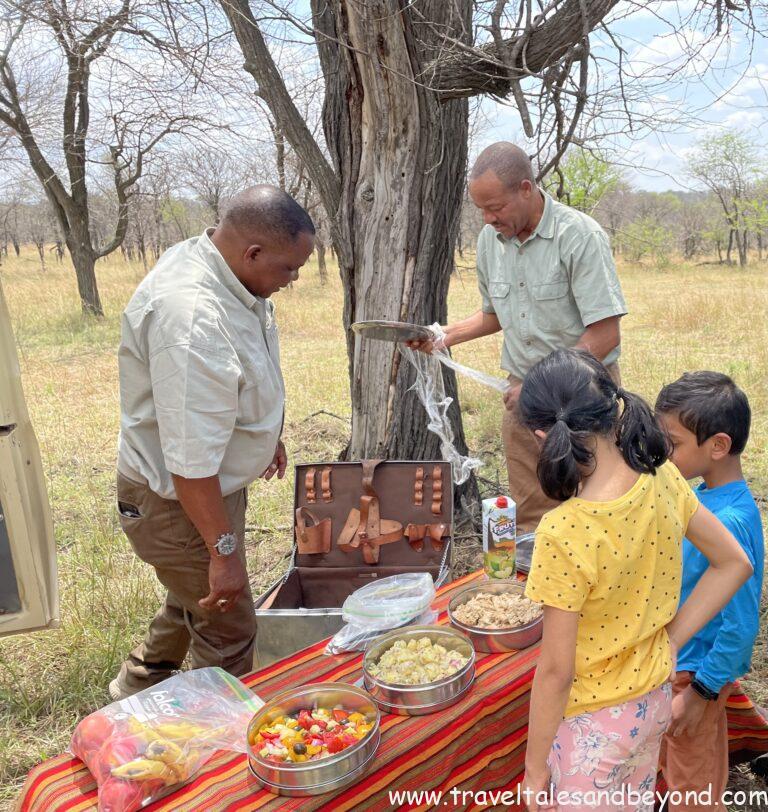 Family picnic lunch in the African bush during Tanzania safari game drive