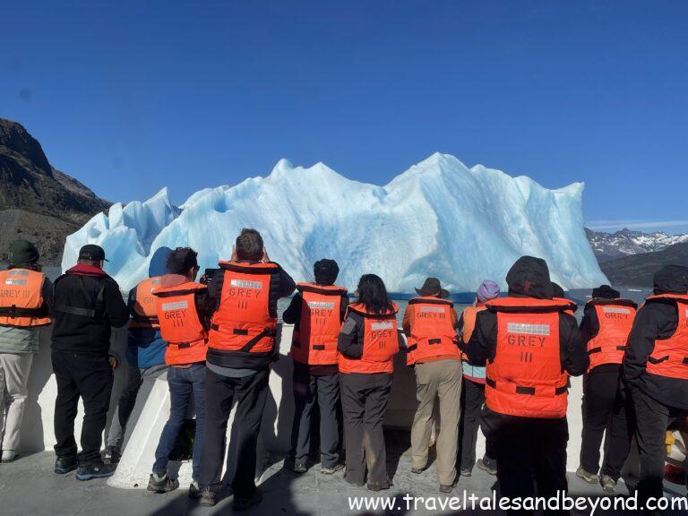 Viewing the iceberg from the catamaran after the Glacier Grey hike, Torres del Paine, Patagonia, Chile