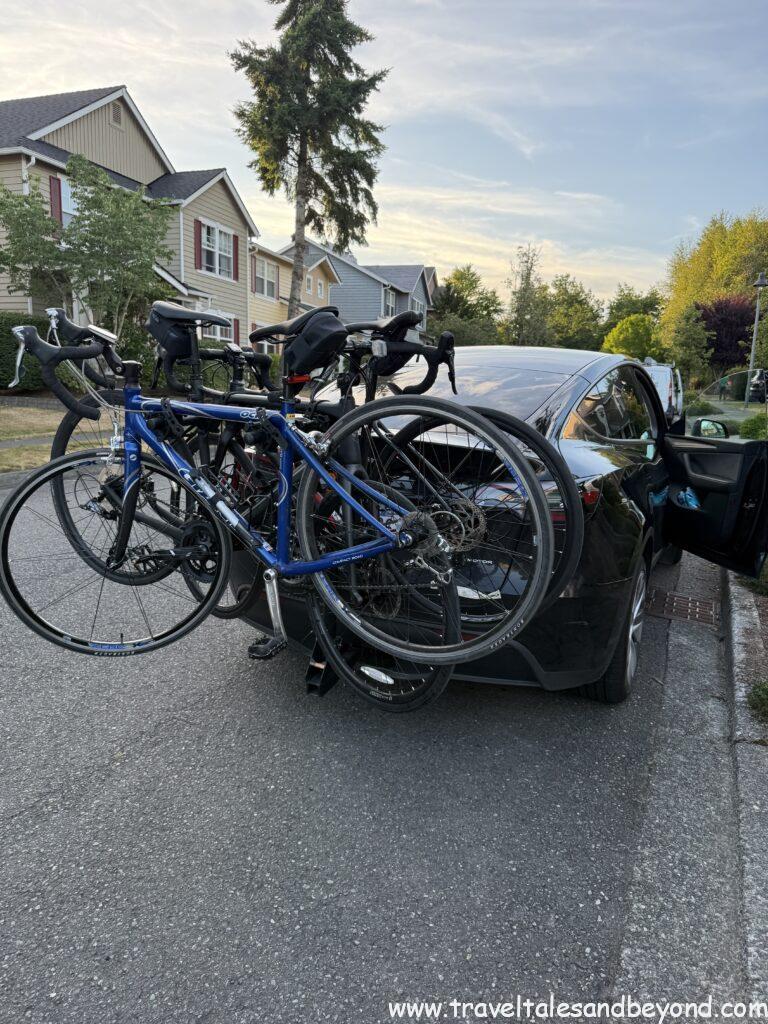 Multiple bikes loaded onto a vehicle rack the evening before the start of the Seattle to Portland Bicycle Classic