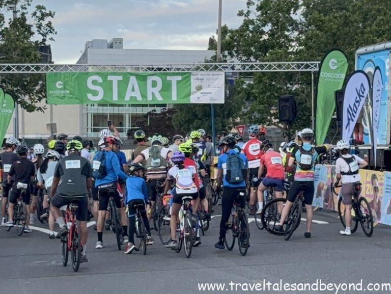 Young cyclists and their fathers at the University of Washington start line, ready to begin the two-day Seattle to Portland ride