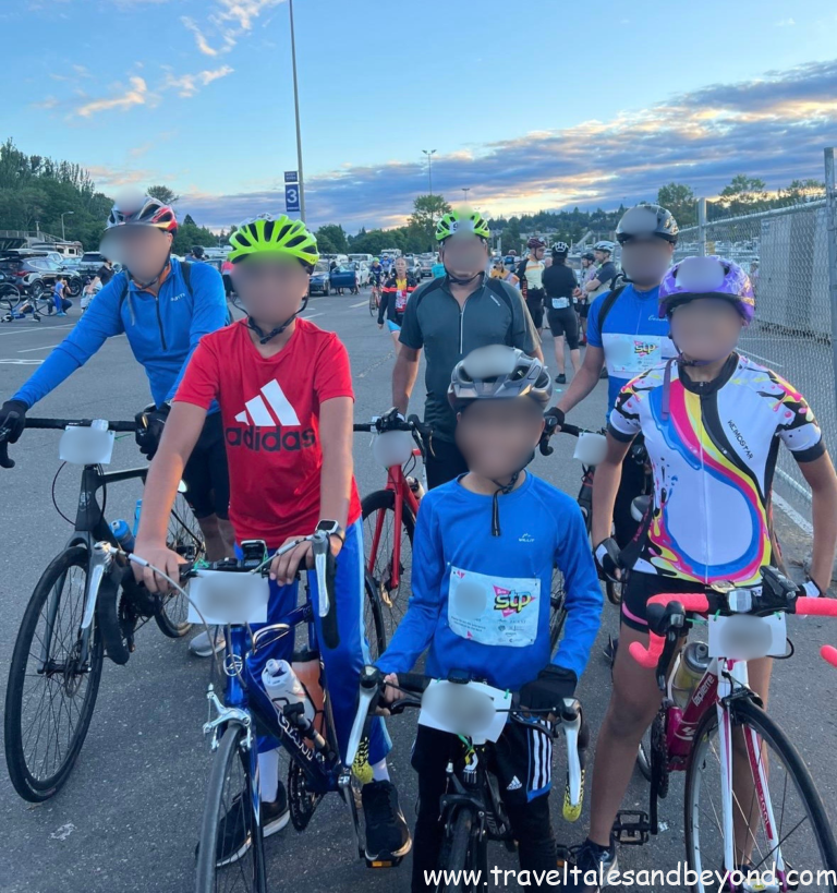 Group photo of three fathers and three young cyclists posing together before the Seattle to Portland Bicycle Classic