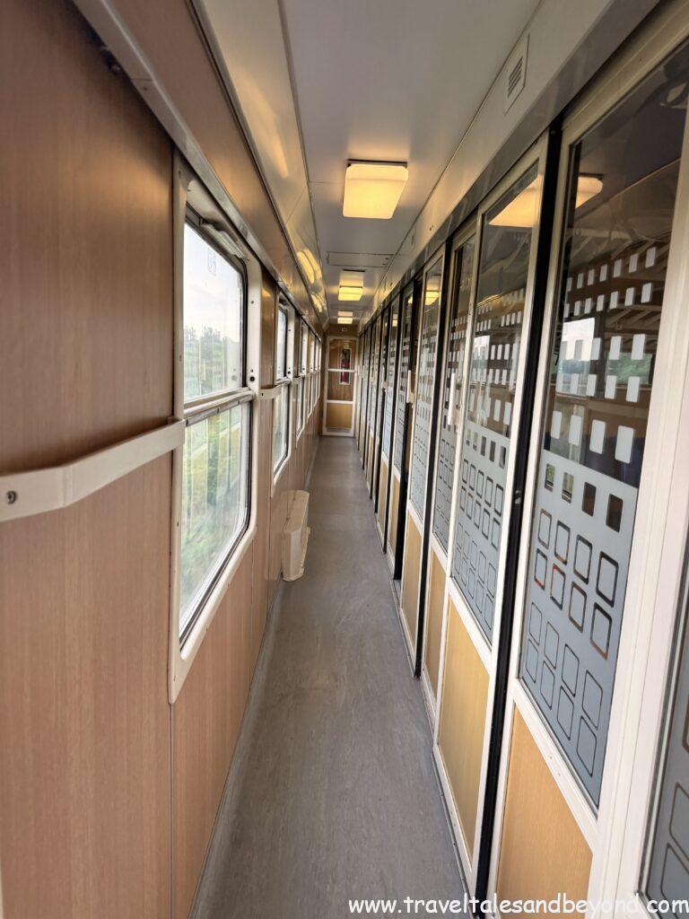 Inside the train compartments.