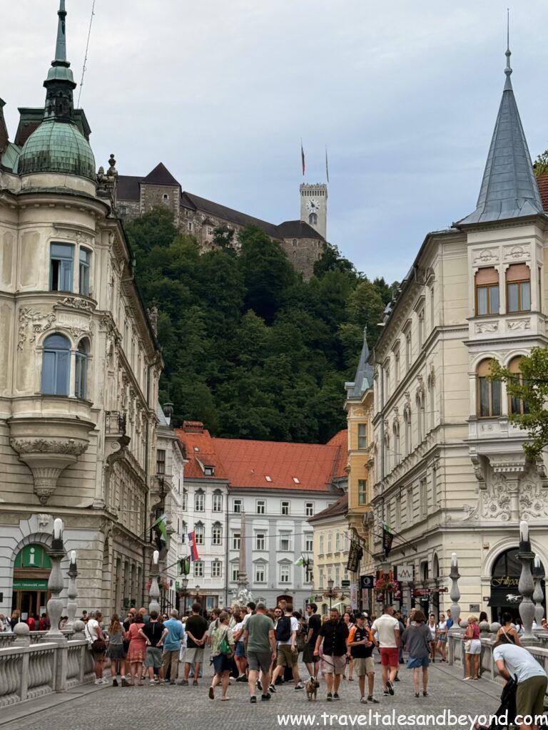Old Town Ljubljana with the Ljubljanica River and Ljubljana Castle above