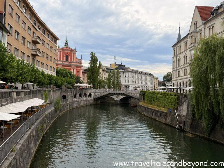 Ljubljanica River lined with riverside cafés in Ljubljana Old Town