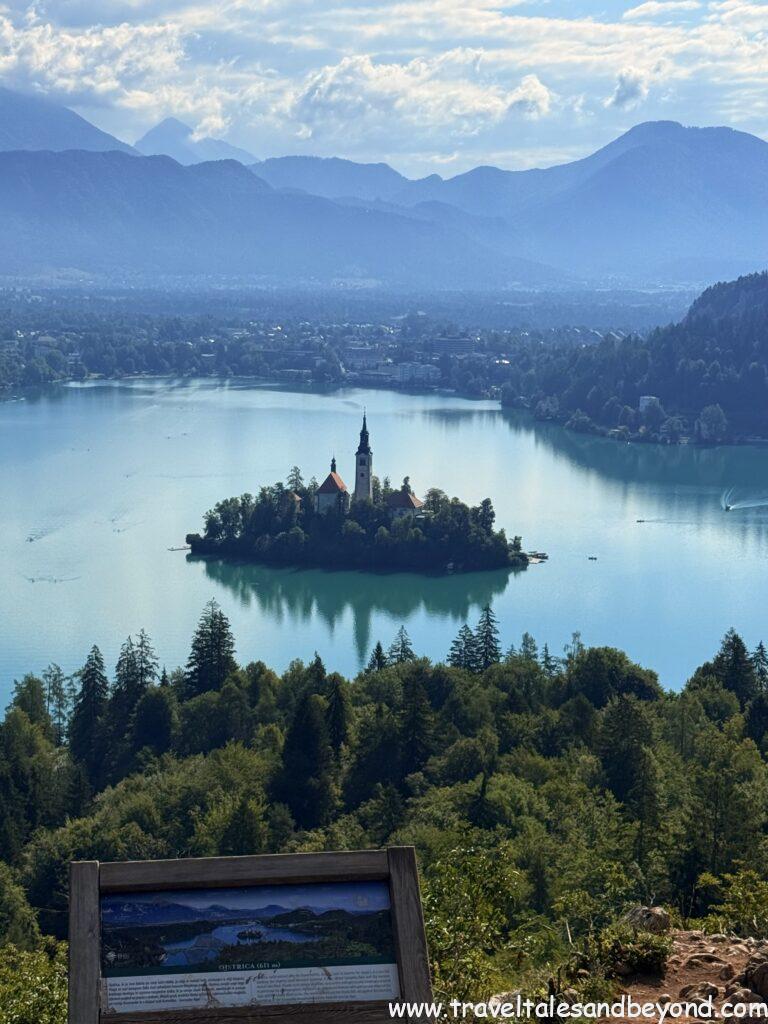 View of Lake Bled and the island church from the Ojstrica viewpoint
