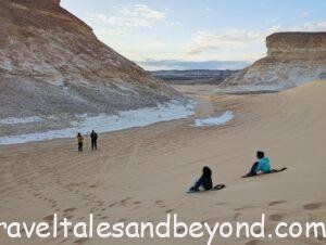 Sand boarding in White Desert, Egypt